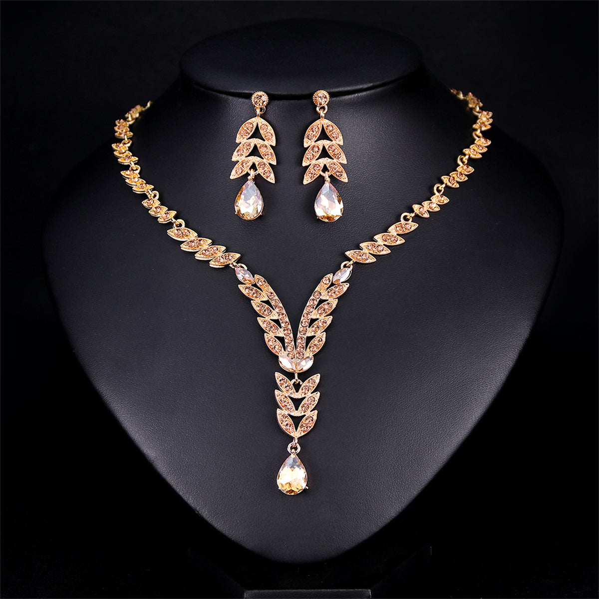 Champagne Crystal & Cubic Zirconia Botanical Necklace & Drop Earrings