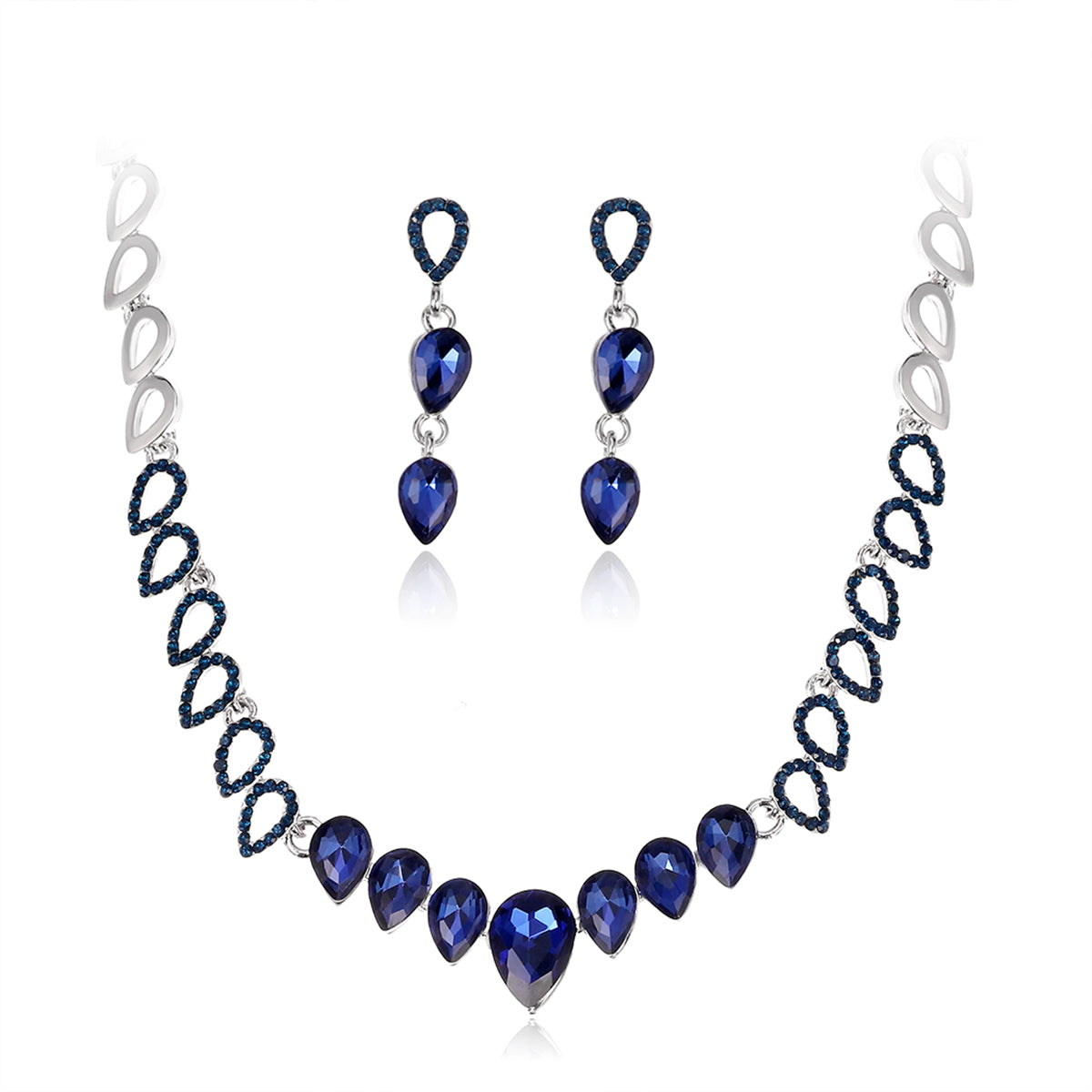 Blue Crystal & Silver-Plated Linked Drop Necklace & Earrings
