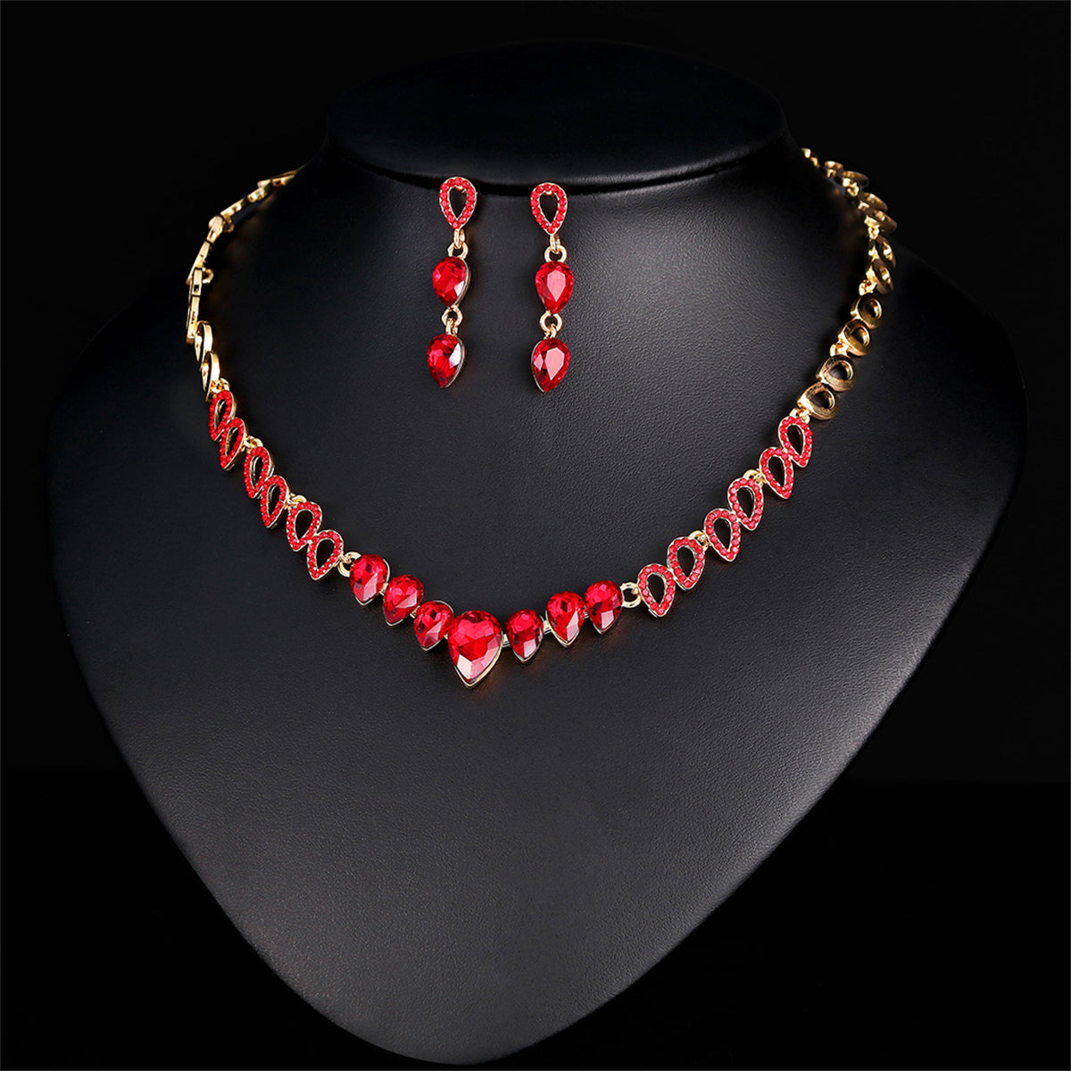 Red Crystal & 18K Gold-Plated Linked Drop Necklace & Earrings