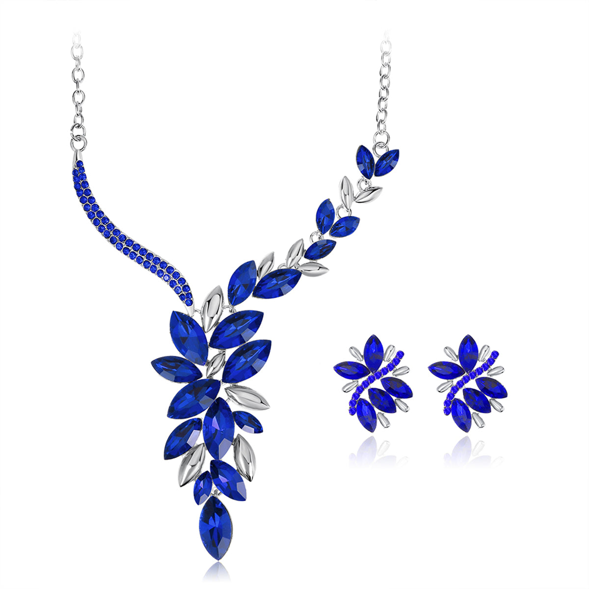 Blue Crystal and Cubic Zirconia Cluster Necklace and Drop Earrings, drop earrings for women, botanical inspired, front view