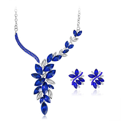 Blue Crystal and Cubic Zirconia Cluster Necklace and Drop Earrings, drop earrings for women, botanical inspired, front view