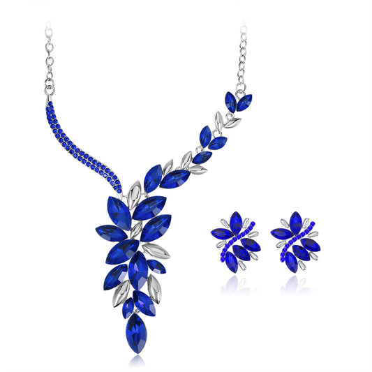 Blue Crystal and Cubic Zirconia Cluster Necklace and Drop Earrings, drop earrings for women, botanical inspired, front view