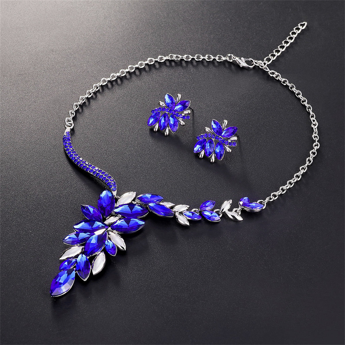 Blue Crystal and Cubic Zirconia Cluster Necklace and Drop Earrings, drop earrings for women, botanical inspired, side view