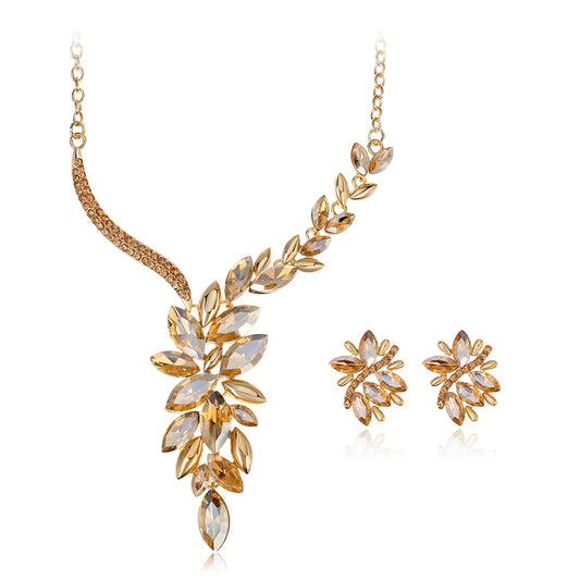 Champagne Crystal and Cubic Zirconia 18K Gold-Plated Botany Cluster Station Necklace Set, gold drop earrings..., front view