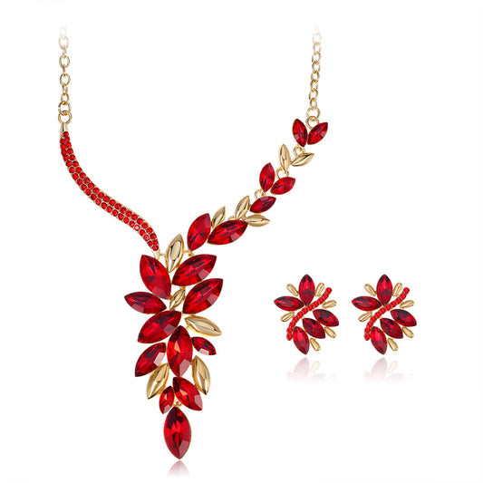 Red Crystal and Cubic Zirconia Cluster Necklace and Drop Earrings, drop earrings for women, everyday style, front view