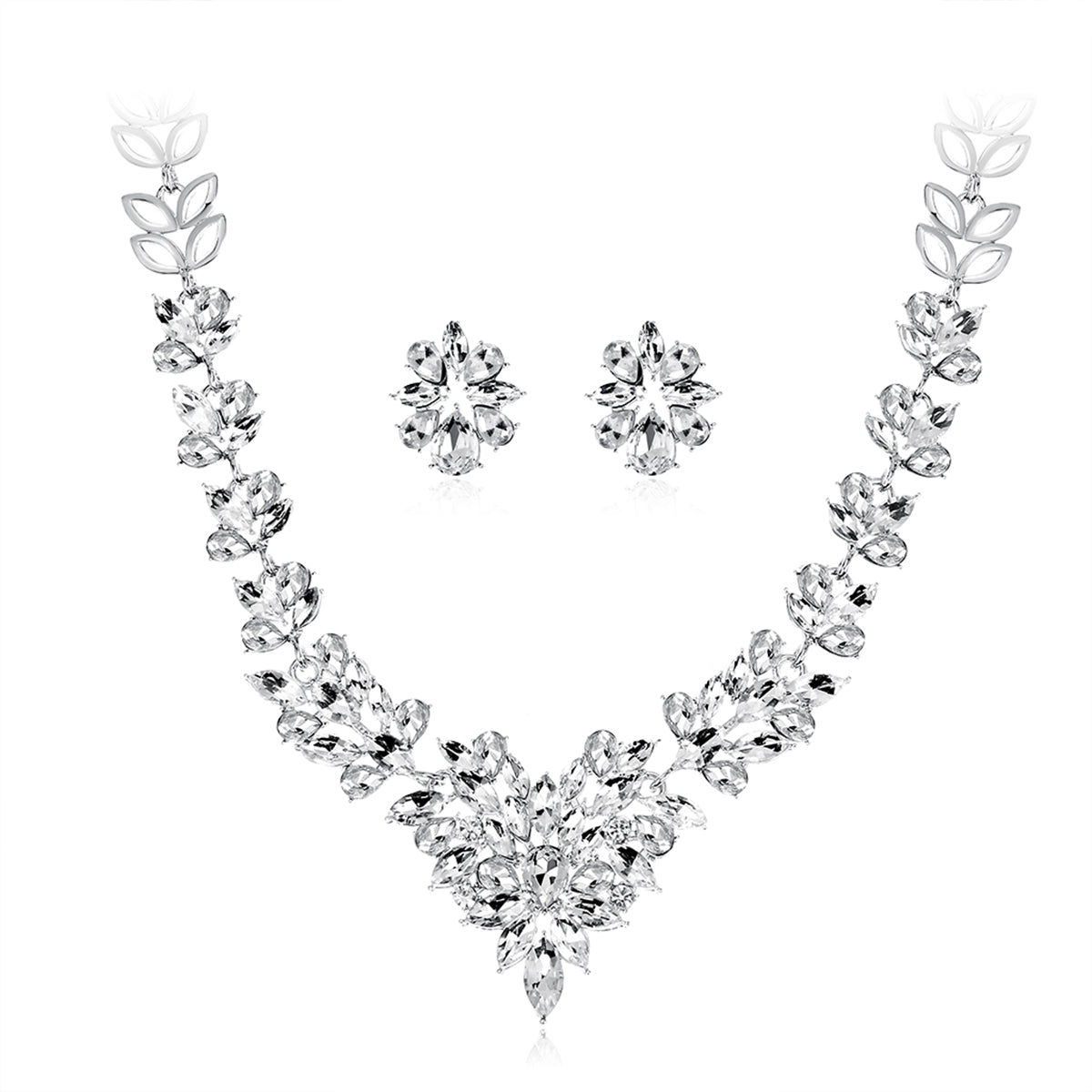Crystal and Silver-Plated Pear-Cut Pendant Necklace and Drop Earrings, silver stud earrings for women, front view