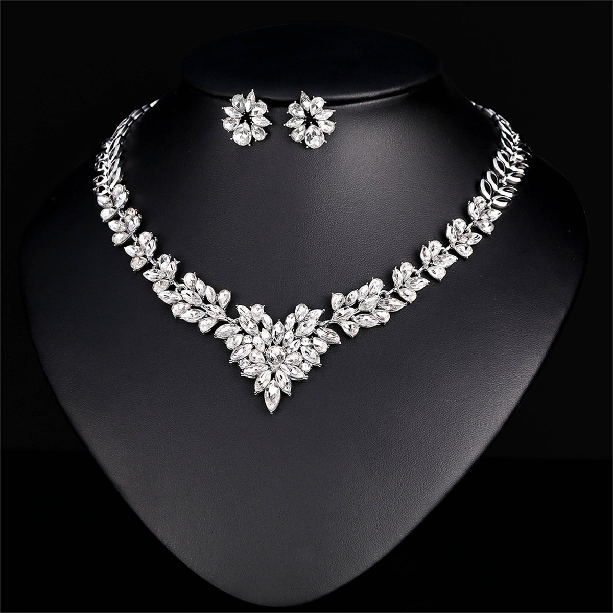 Crystal and Silver-Plated Pear-Cut Pendant Necklace and Drop Earrings, silver stud earrings for women, detail close-up