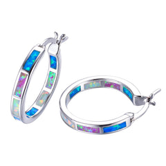 Blue Opal & Silver-Plated Color Block Channel Hoop Earrings