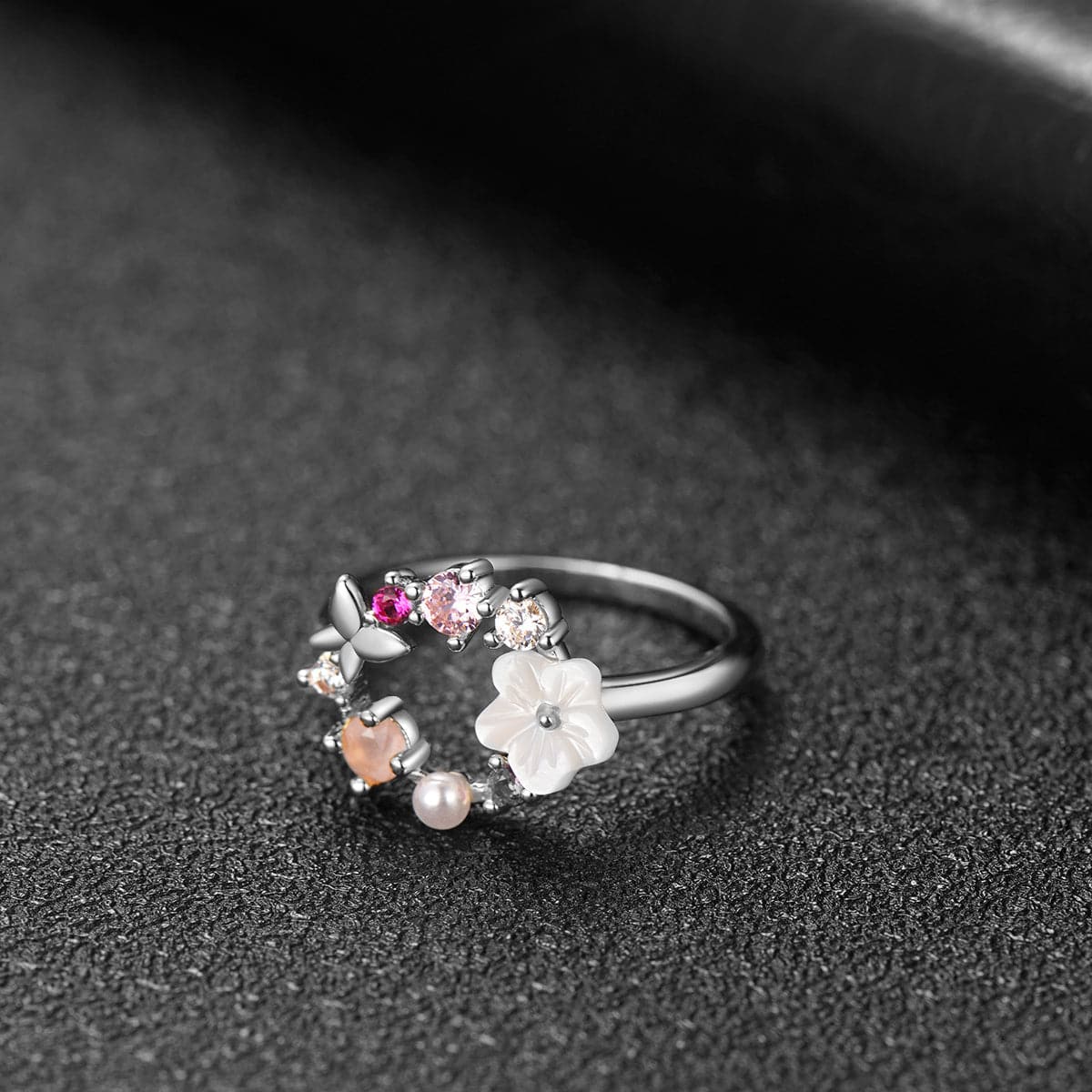 Pink Cubic Zirconia & Pearl Silver-Plated Floral Open-Circle Ring