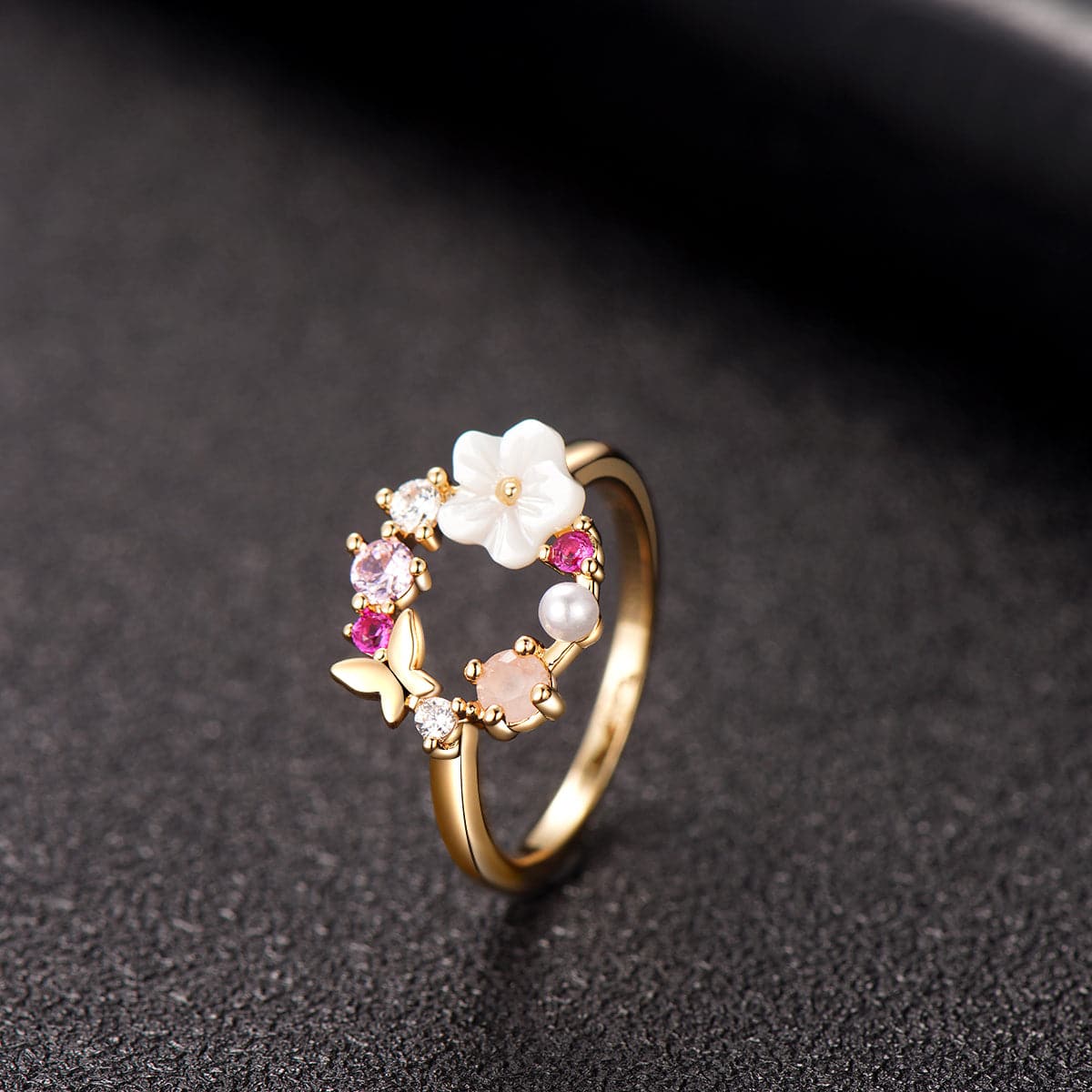 Opal & Pearl 18k Gold-Plated Floral Open-Circle Ring