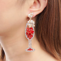 Red Imitation Pearl & Cubic Zirconia Wine Glass Drop Earrings