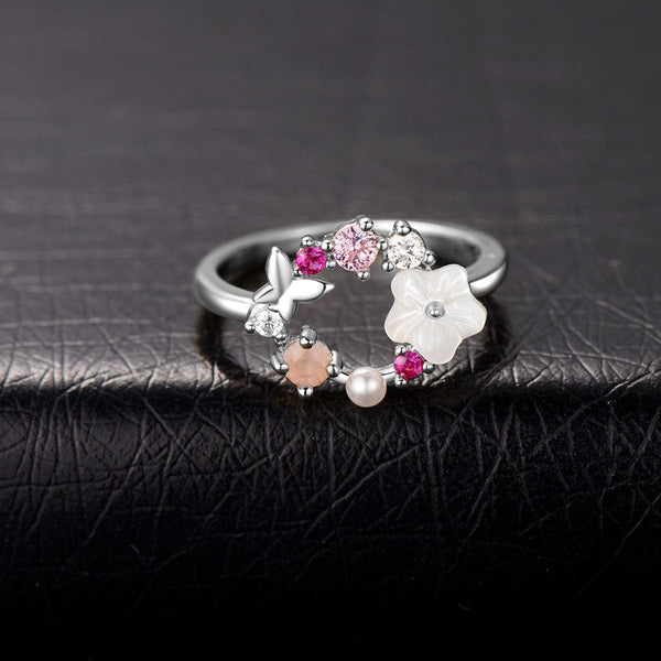 Pink Cubic Zirconia & Pearl Floral Open-Circle Ring