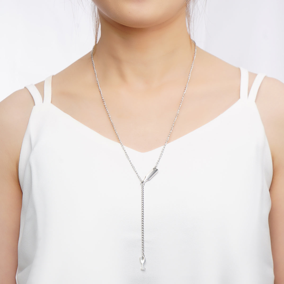 Silver-Plated Wine Lariat Necklace, silver pendant necklace for women, elegant gift for her, lifestyle look