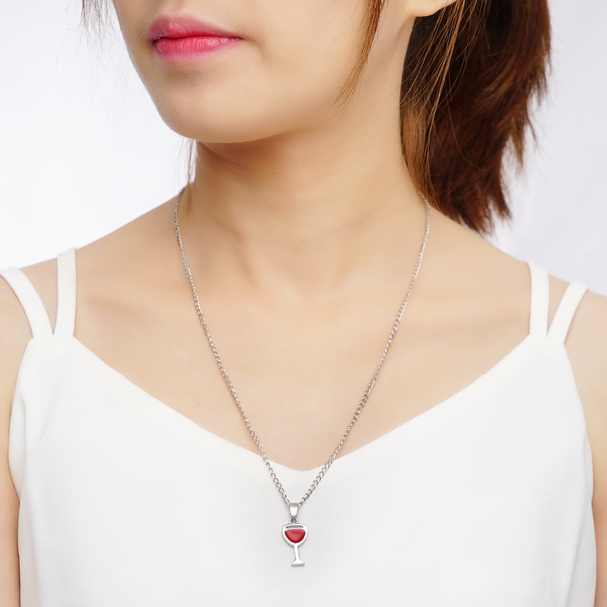 Red Enamel and Silver-Plated Wine Cup Pendant Necklace, silver pendant necklace for women, elegant gift for her, front view