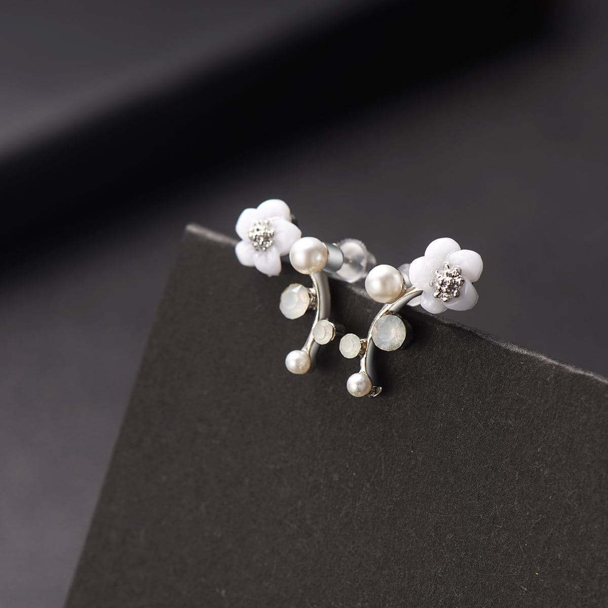 Shell and Pearl Silver-Plated Floral Ear Climbers, silver stud earrings for women, vintage-inspired design, lifestyle look