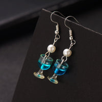 Imitation Pearl & Blue Wine Cup Drop Earrings
