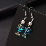 Imitation Pearl & Blue Wine Cup Drop Earrings