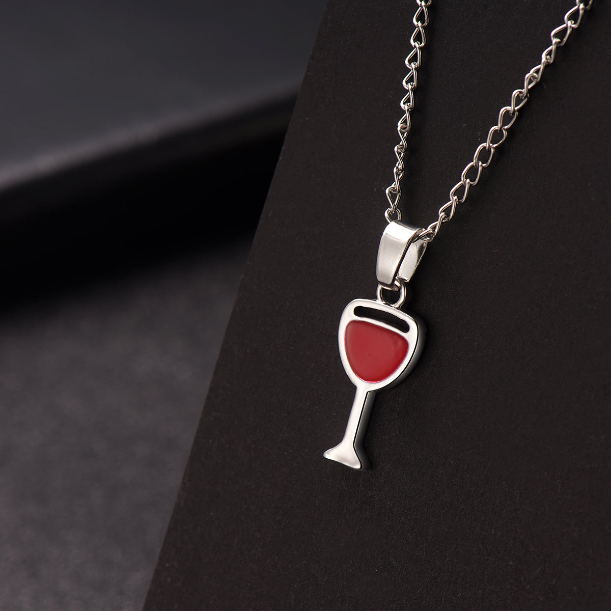 Red Enamel and Silver-Plated Wine Cup Pendant Necklace, silver pendant necklace for women, elegant gift for her, side view