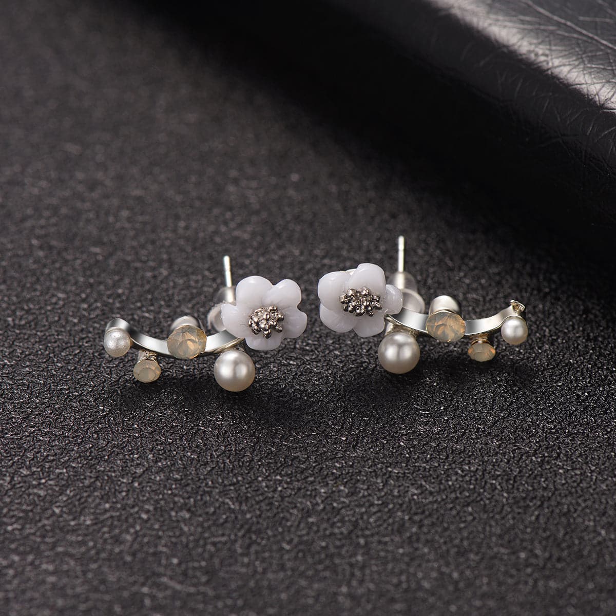 Shell and Pearl Silver-Plated Floral Ear Climbers, silver stud earrings for women, vintage-inspired design, front view