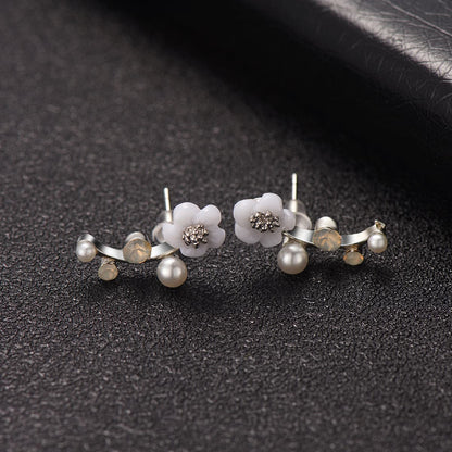 Shell and Pearl Silver-Plated Floral Ear Climbers, silver stud earrings for women, vintage-inspired design, front view