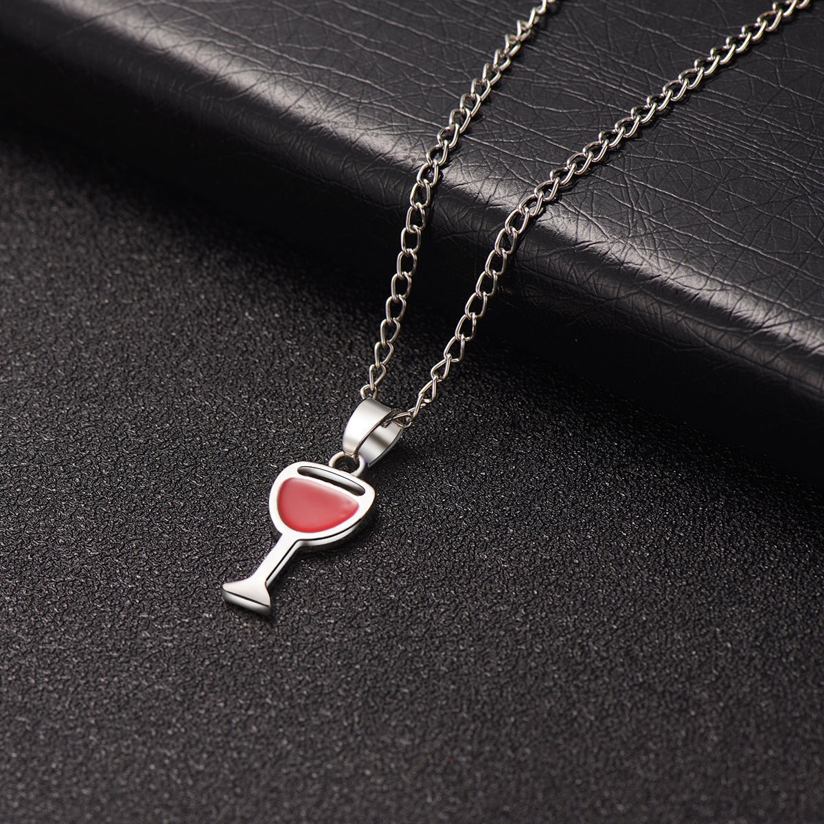 Red Enamel and Silver-Plated Wine Cup Pendant Necklace, silver pendant necklace for women, detail close-up