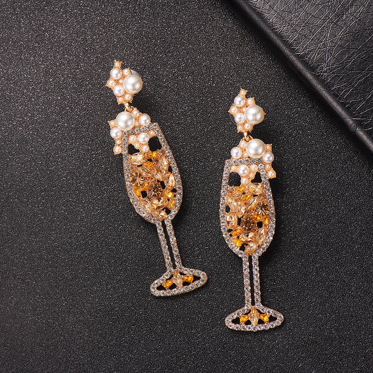 Champagne Pearl & Cubic Zirconia Wine Glass Drop Earrings