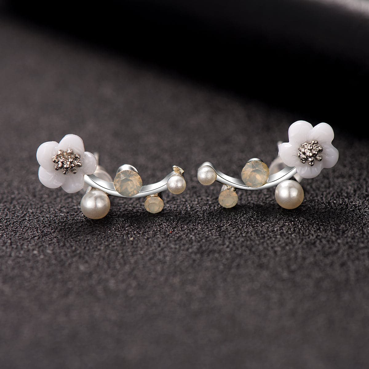 Shell and Pearl Silver-Plated Floral Ear Climbers, silver stud earrings for women, vintage-inspired design, detail close-up