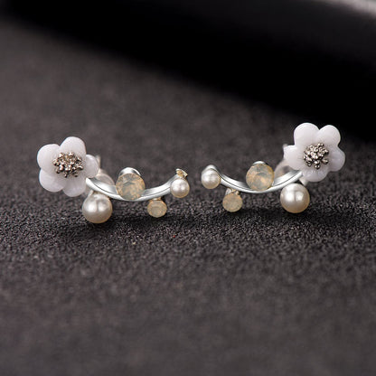 Shell and Pearl Silver-Plated Floral Ear Climbers, silver stud earrings for women, vintage-inspired design, detail close-up