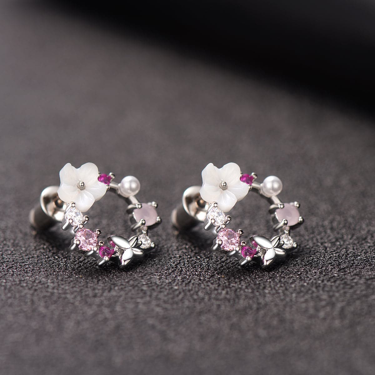 Opal & Cubic Zirconia Butterfly & Floral Stud Earrings
