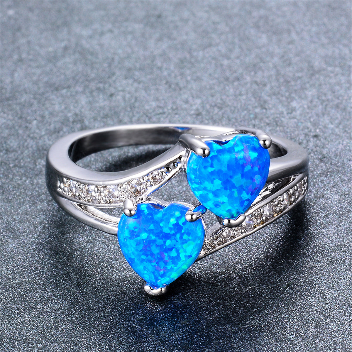 Blue Opal and Cubic Zirconia Double-Heart Ring, statement rings for women, elegant gift for her, detail close-up