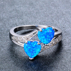 Blue Opal & Cubic Zirconia Double-Heart Ring