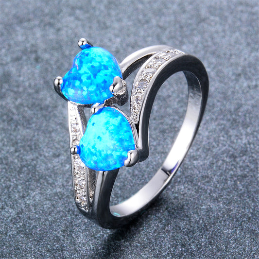 Blue Opal and Cubic Zirconia Double-Heart Ring, statement rings for women, elegant gift for her, front view