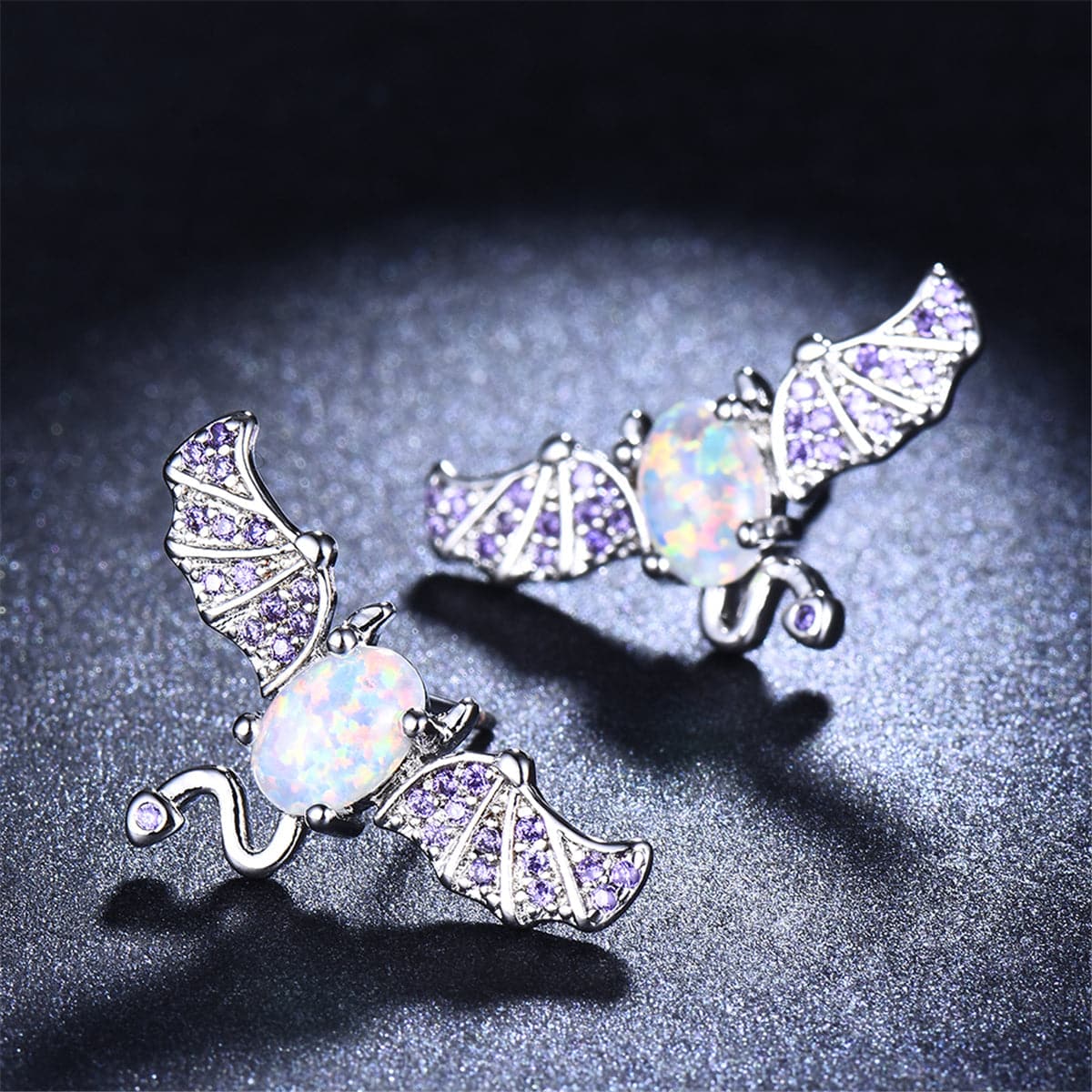 Opal & Cubic Zirconia Bat Stud Earrings