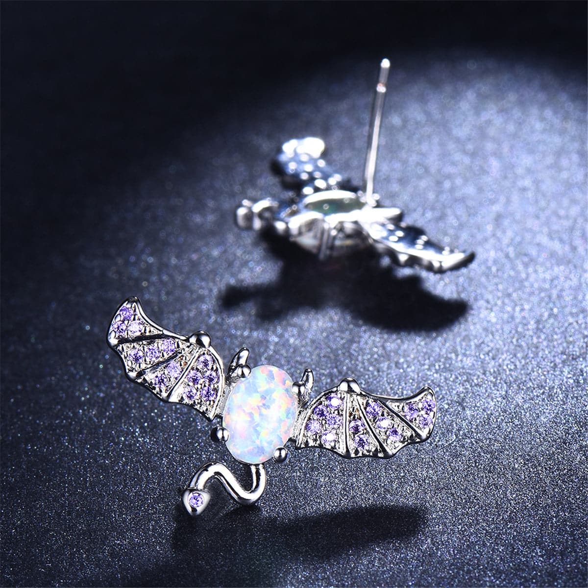 Opal & Cubic Zirconia Bat Stud Earrings