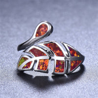 Red Opal & Silvertone Leaf Bypass Ring