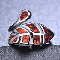 Red Opal & Silvertone Leaf Bypass Ring