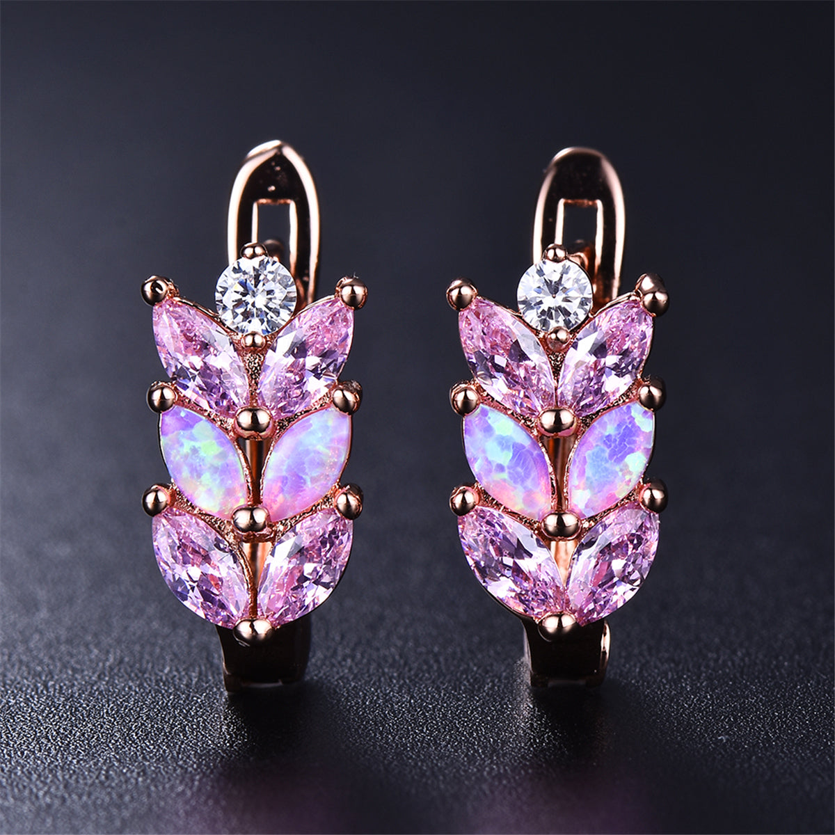 Pink Opal and Cubic Zirconia 18K Rose Gold-Plated Leverback Earrings, rose gold stud earrings for women, side view