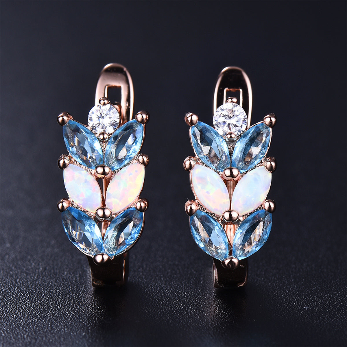 Opal and Crystal 18K Rose Gold-Plated Leverback Earrings, rose gold stud earrings for women, side view