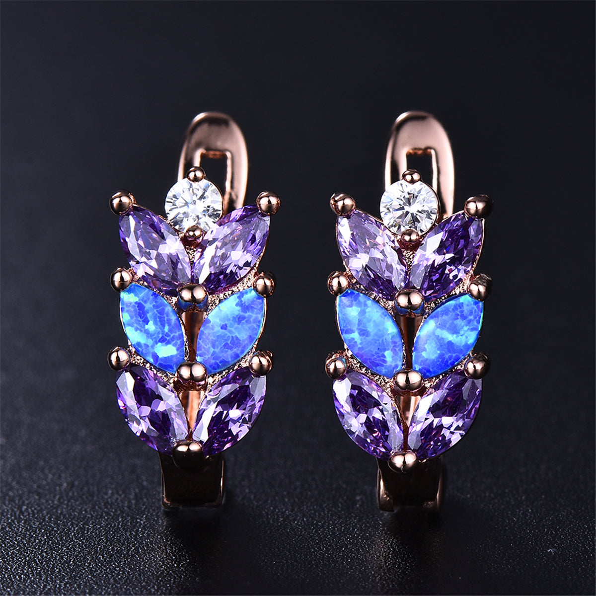 Purple Crystal and Blue Opal Leverback Earrings, stud earrings for women, elegant gift for her, front view