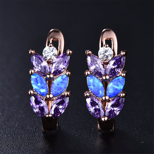 Purple Crystal and Blue Opal Leverback Earrings, stud earrings for women, elegant gift for her, front view