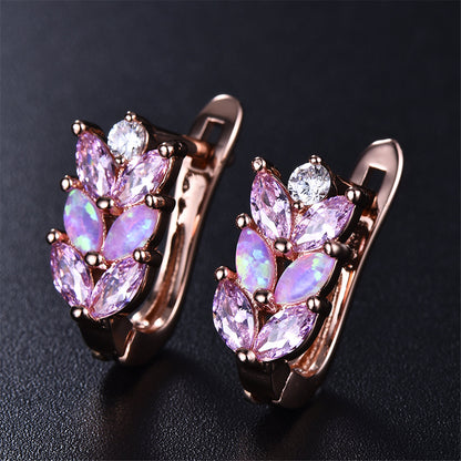 Pink Opal and Cubic Zirconia 18K Rose Gold-Plated Leverback Earrings, rose gold stud earrings for women, detail close-up