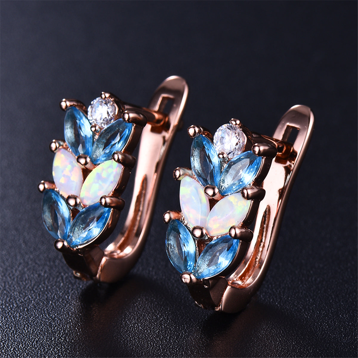 Opal and Crystal 18K Rose Gold-Plated Leverback Earrings, rose gold stud earrings for women, detail close-up