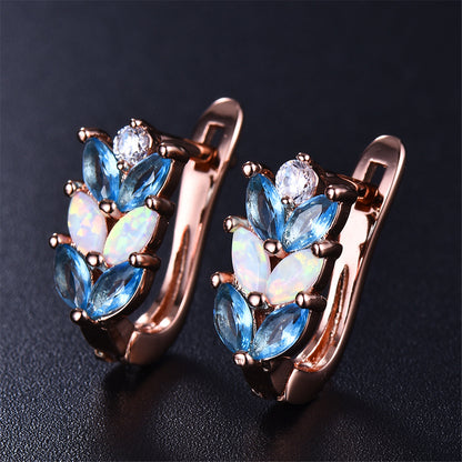 Opal and Crystal 18K Rose Gold-Plated Leverback Earrings, rose gold stud earrings for women, detail close-up