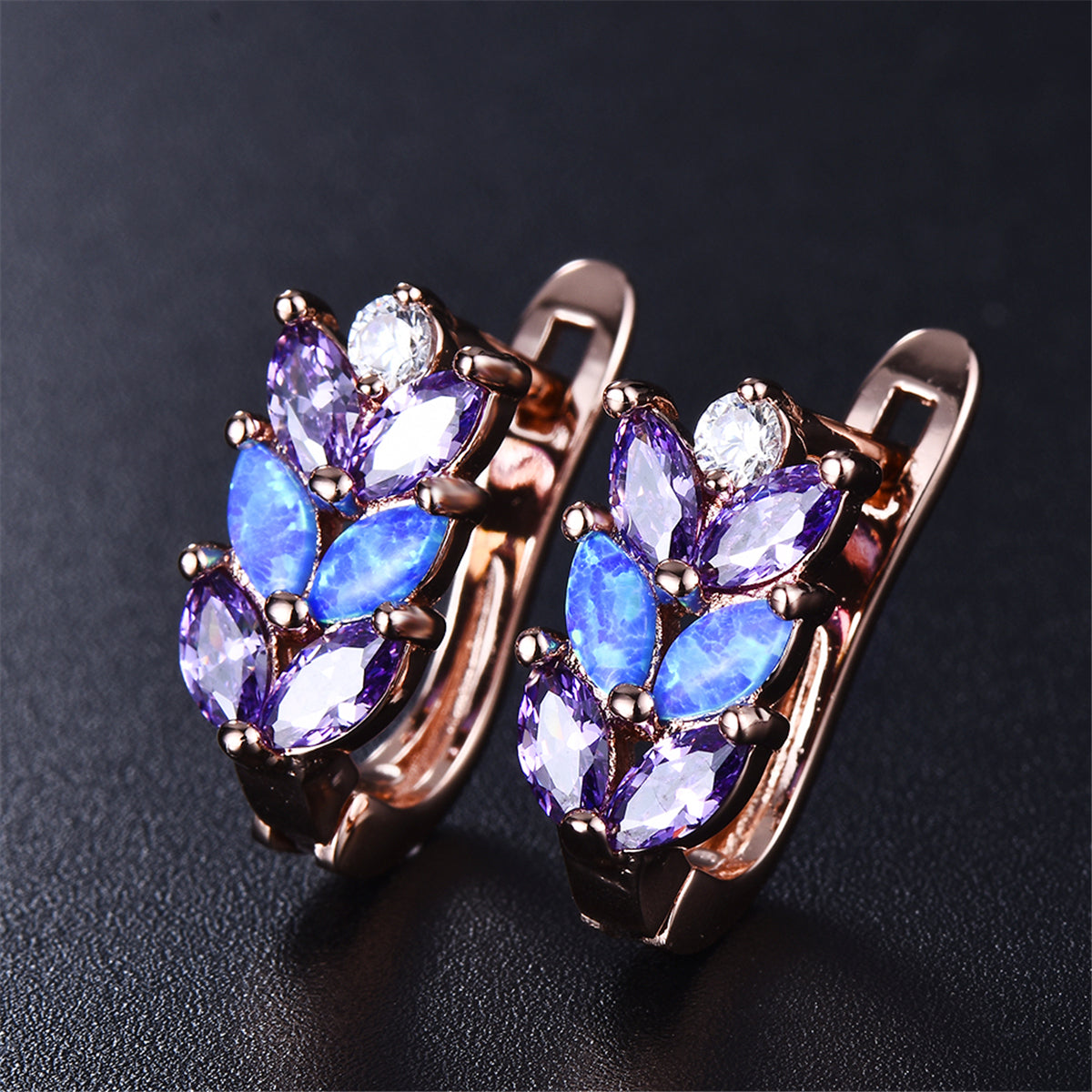 Purple Crystal and Blue Opal Leverback Earrings, stud earrings for women, elegant gift for her, detail close-up