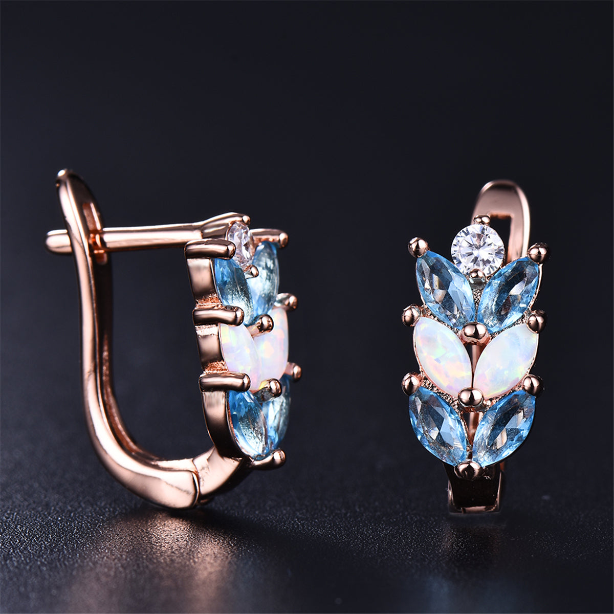 Opal and Crystal 18K Rose Gold-Plated Leverback Earrings, rose gold stud earrings for women, lifestyle look