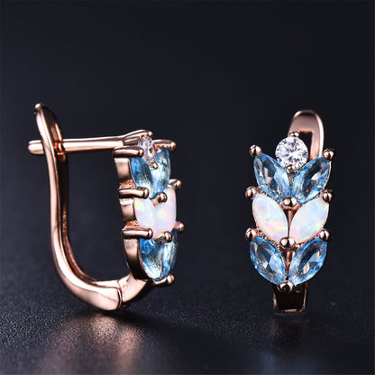 Opal and Crystal 18K Rose Gold-Plated Leverback Earrings, rose gold stud earrings for women, lifestyle look