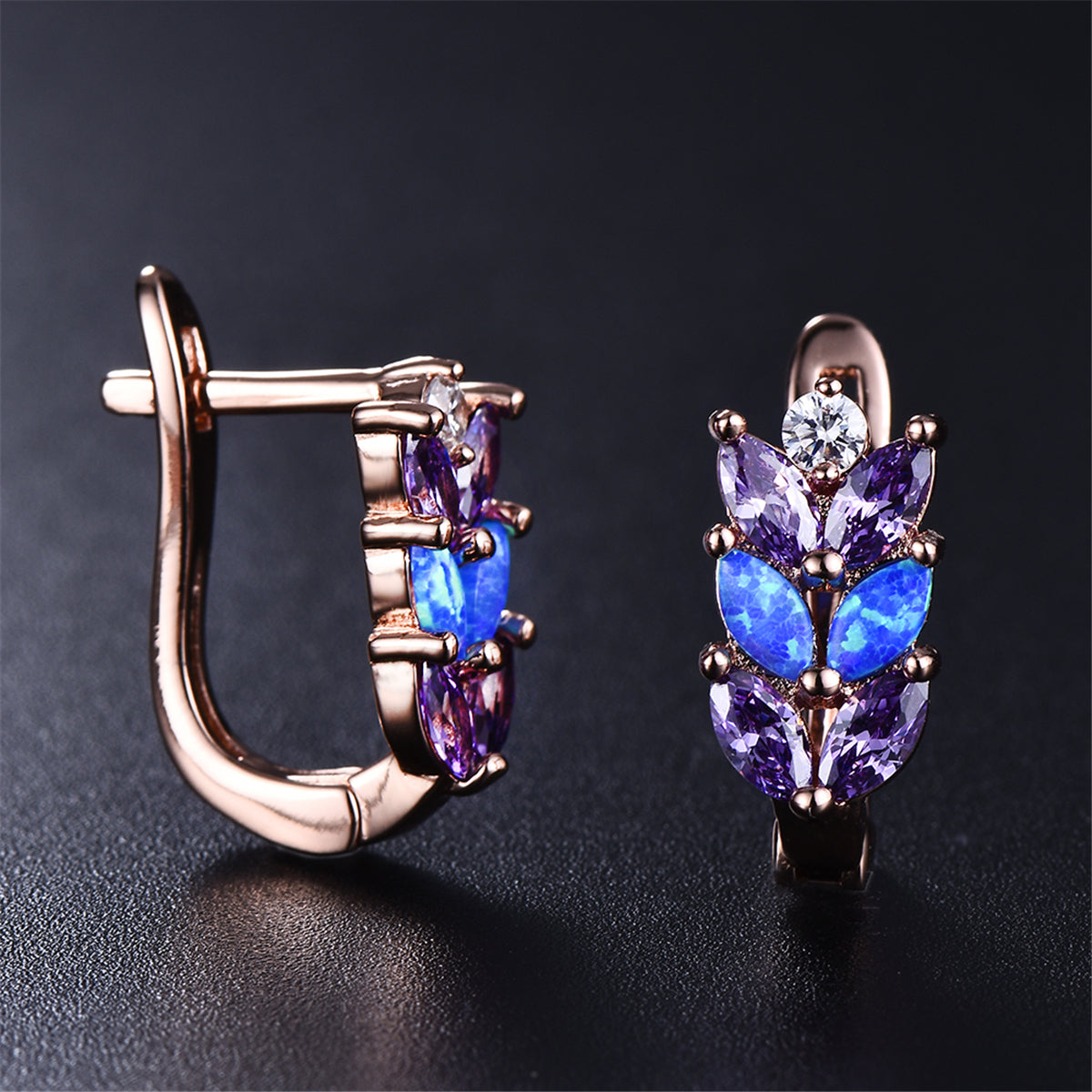 Purple Crystal and Blue Opal Leverback Earrings, stud earrings for women, elegant gift for her, lifestyle look