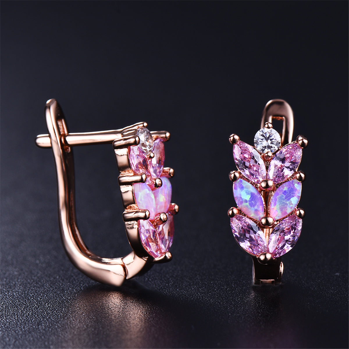 Pink Opal and Cubic Zirconia 18K Rose Gold-Plated Leverback Earrings, rose gold stud earrings for women, lifestyle look