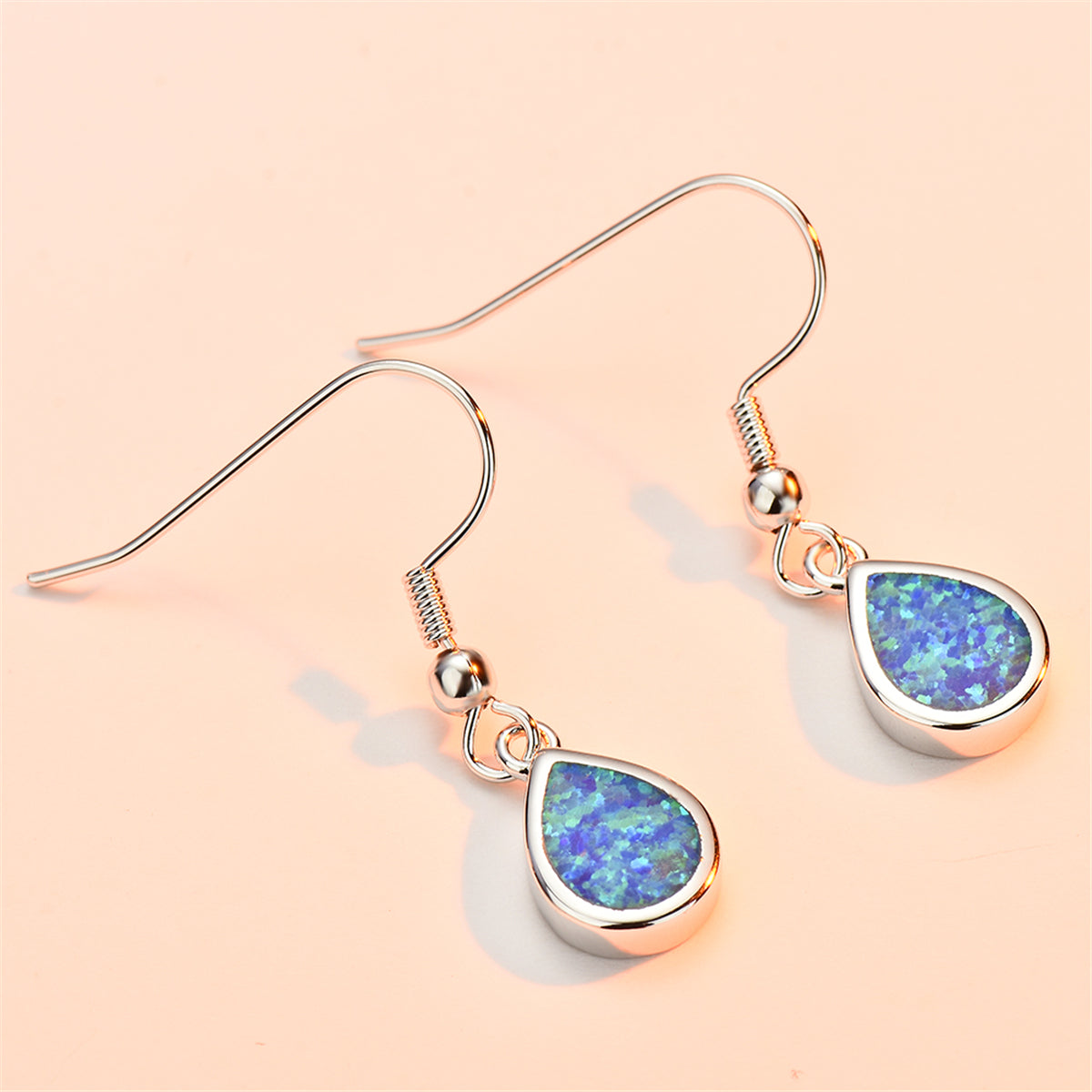 Blue Opal and Silver-Plated Teardrop Earrings, silver drop earrings for women, elegant gift for her, detail close-up