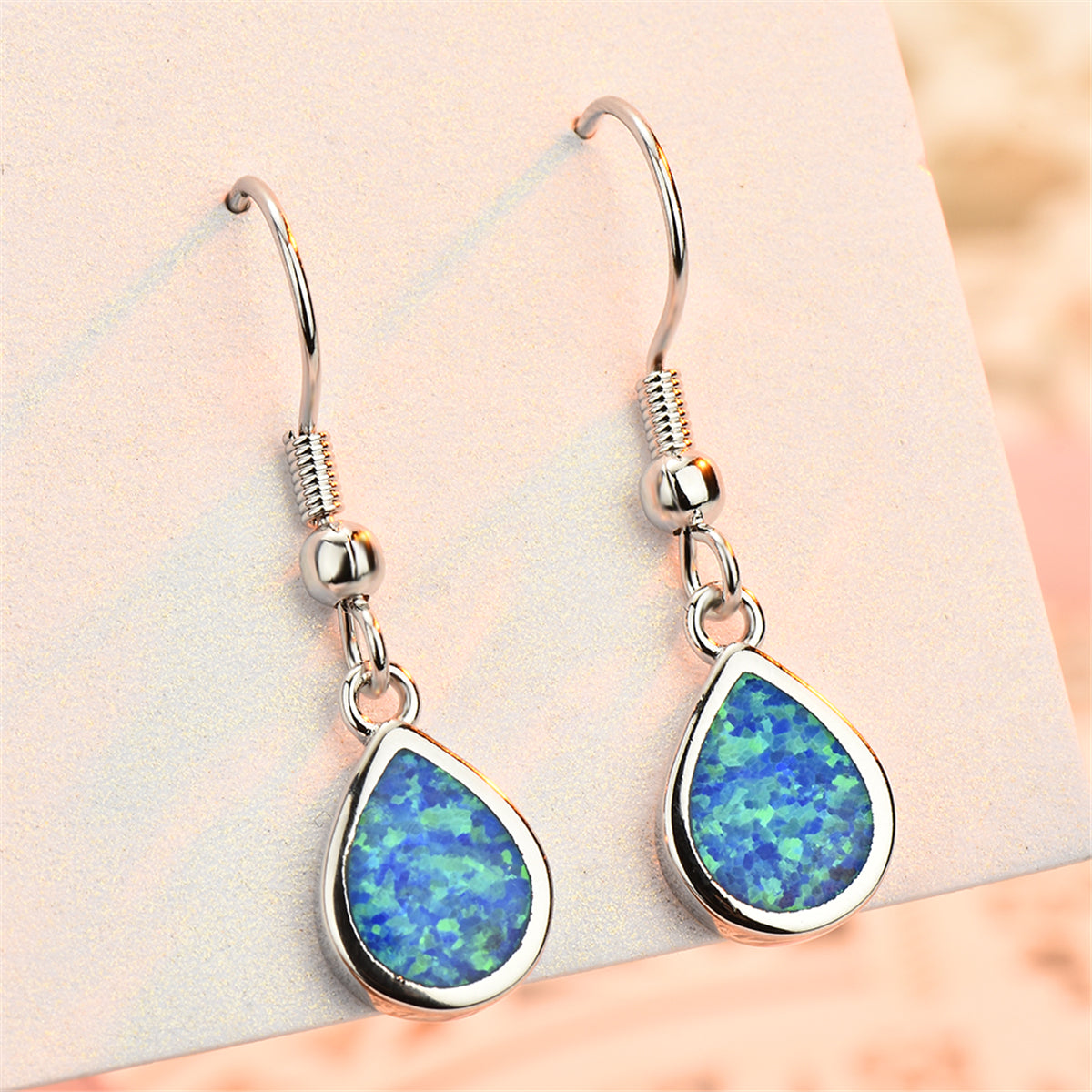 Blue Opal and Silver-Plated Teardrop Earrings, silver drop earrings for women, elegant gift for her, front view